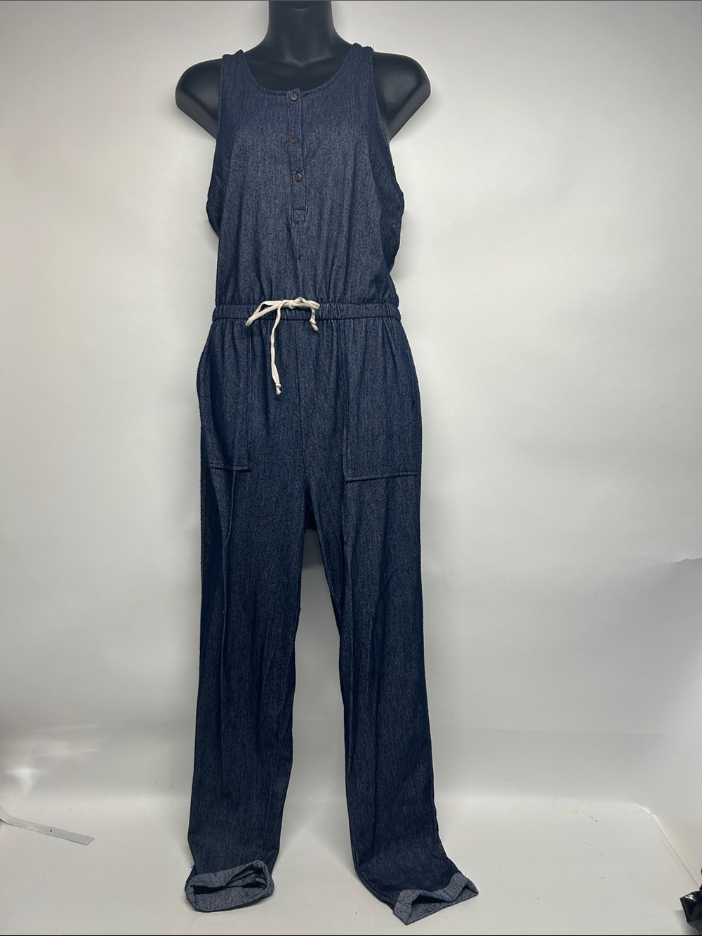 Sleeveless Navy Denim colored Jumpsuit with Drawstring Waist med soft - Picture 1 of 6